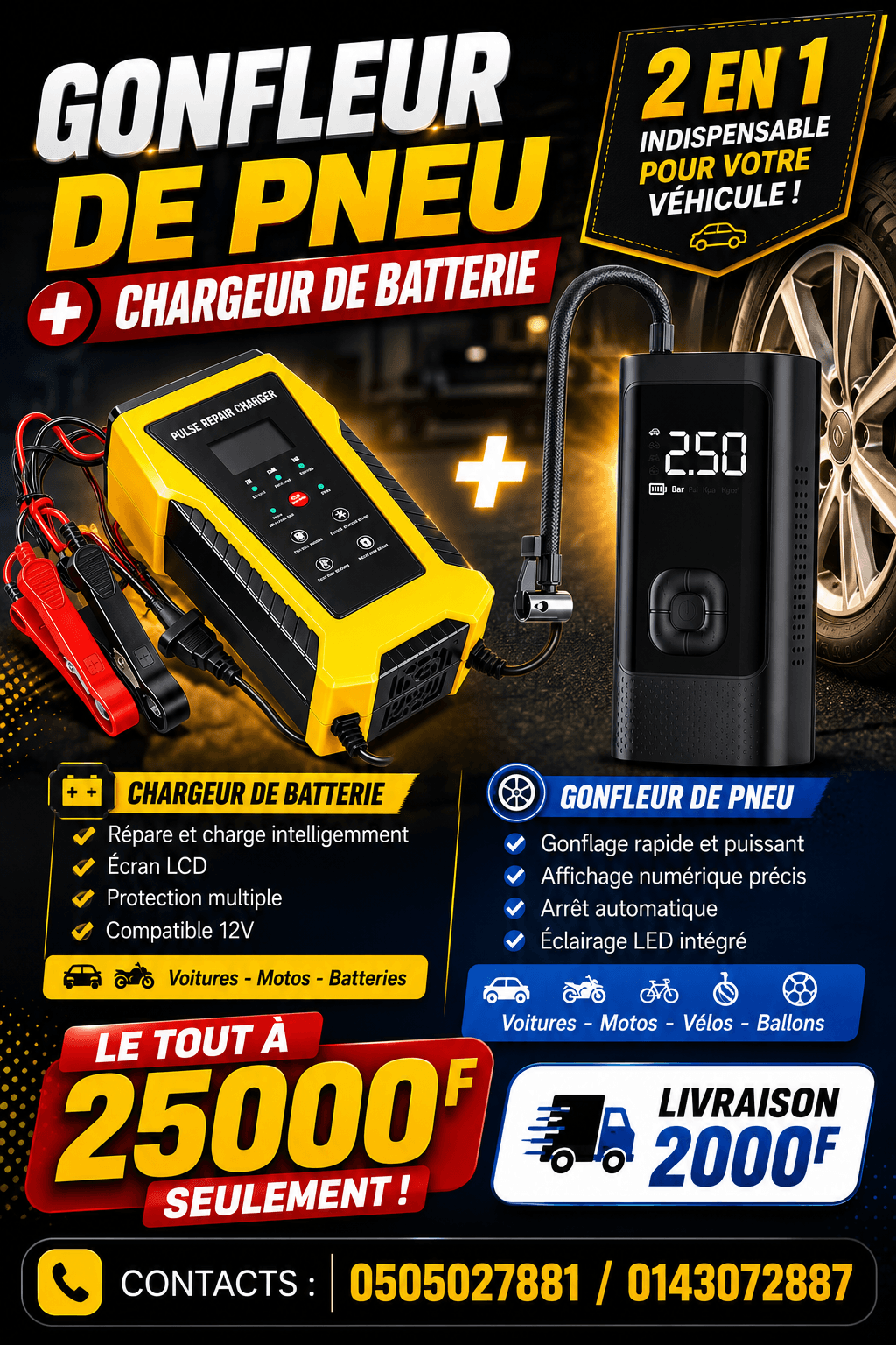 Chargeur batterie de voiture et Gonfleur pneu