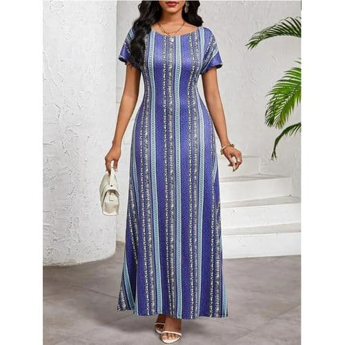 Robes Maxi Bleues à Imprimé Ethnique Bohème pour Femmes à Haute Élasticité