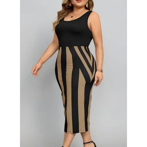 Robe bodycon midi sans manches grande taille à rayures color block Lady, robe de bureau ajustée style européen et américain